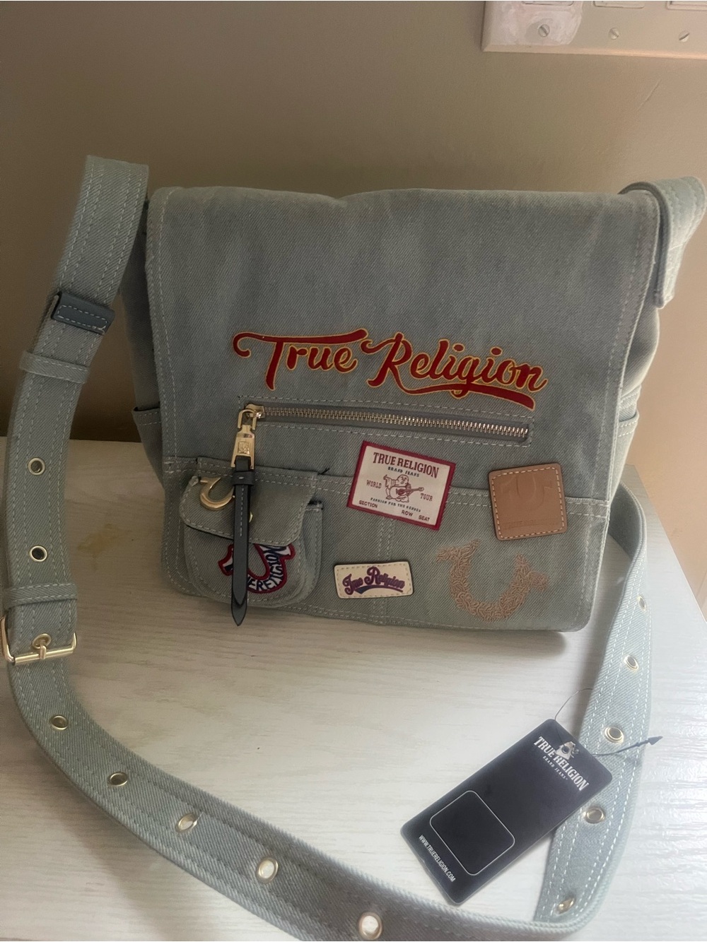 True Religion Light GrayCanvas Messenger Bag with Embroidered Logo - Picture 1 of 10